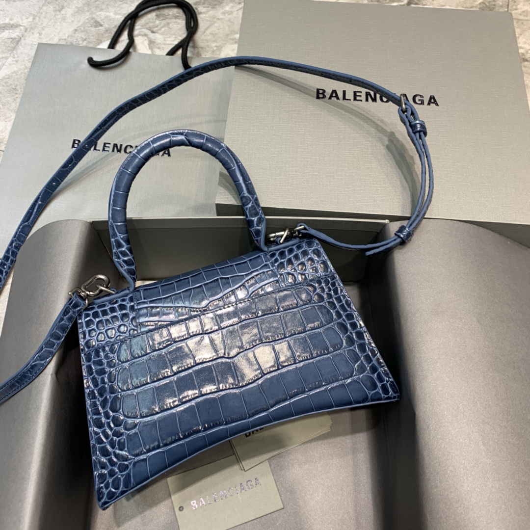 Balenciaga Hourglass Small Handbag Crocodile Embossed Shoulder Bag Gray Blue